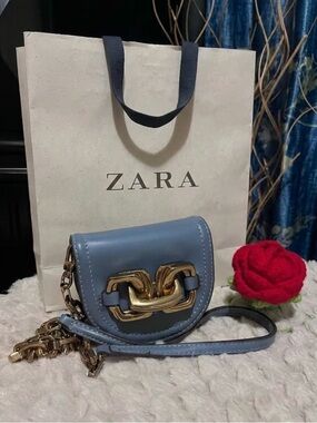 ZARA Blue Mini Saddle Bag with Gold Chain Accent